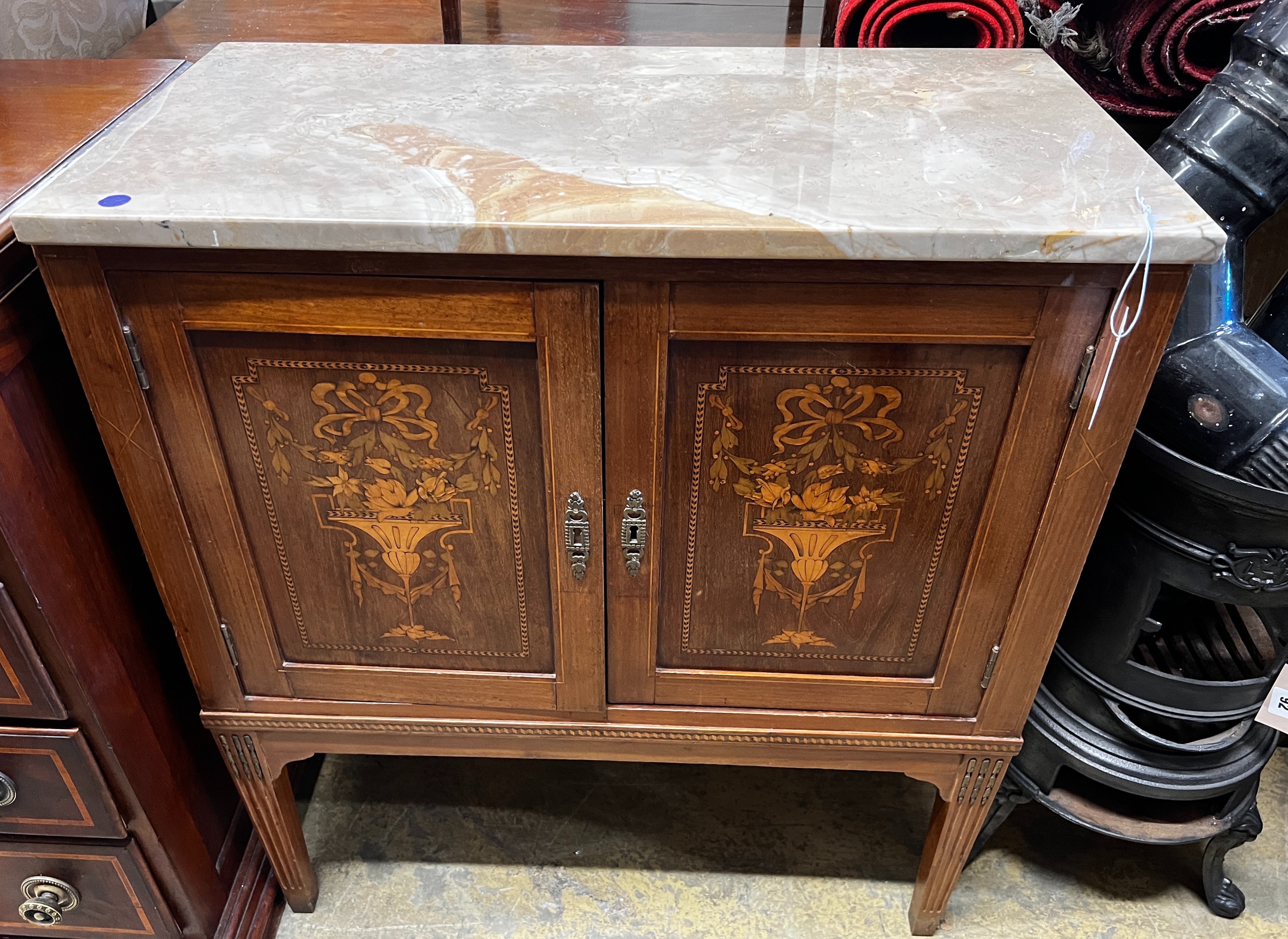 An Edwardian marquetry inlaid marble top washstand, width 72cm, depth 38cm, height 82cm together with a reproduction mahogany elbow chair